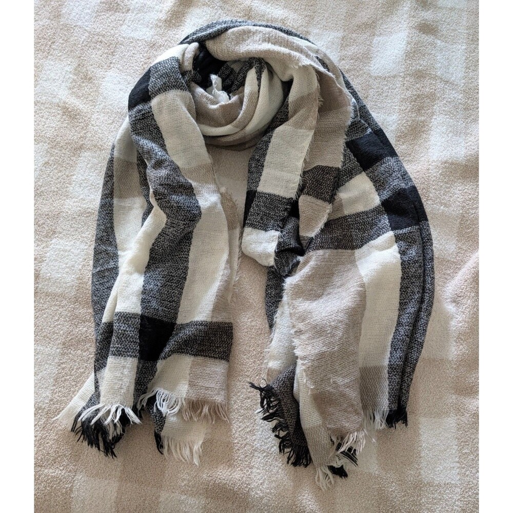 ZARA MAN Plaid Scarf Mens Size M Black Beige Tan Check Fringed Lightweight